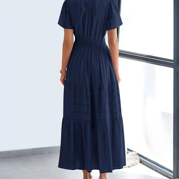 Womens Summer 2025 Casual Midi Maxi Dresses Lightweight Short Sleeve V Neck  Elas